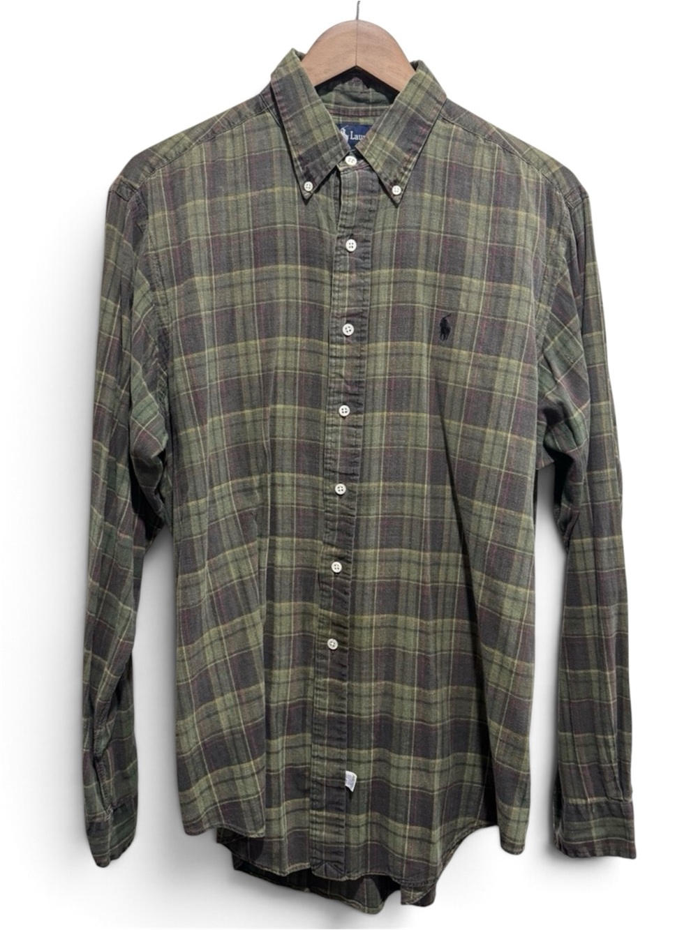 Vintage Ralph Lauren Handwoven Madras Plaid Shirt Olive Burgundy L